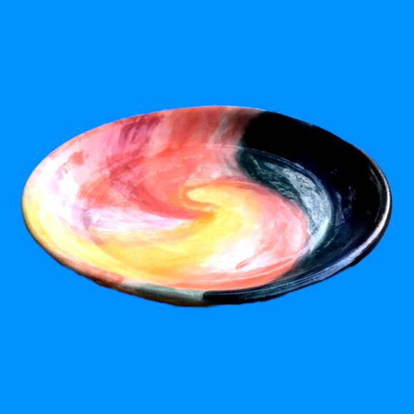 Spiral Pattern Pottery Plate in Teal, Coral, and Yellow/Handcrafted Pottery - Picture 8 of 9